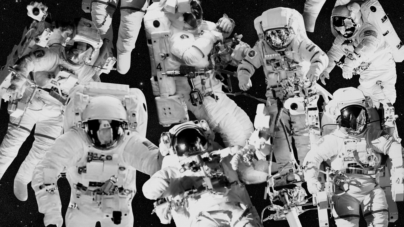 a manipulated image of several astronauts apparently floating close together in space, filling out the frame